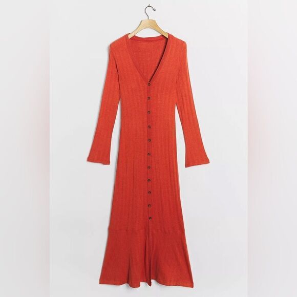 Anthropologie Orange Elsa Ribbed Knit Belted Maxi Sweater Dress Button Front XS - Picture 7 of 7